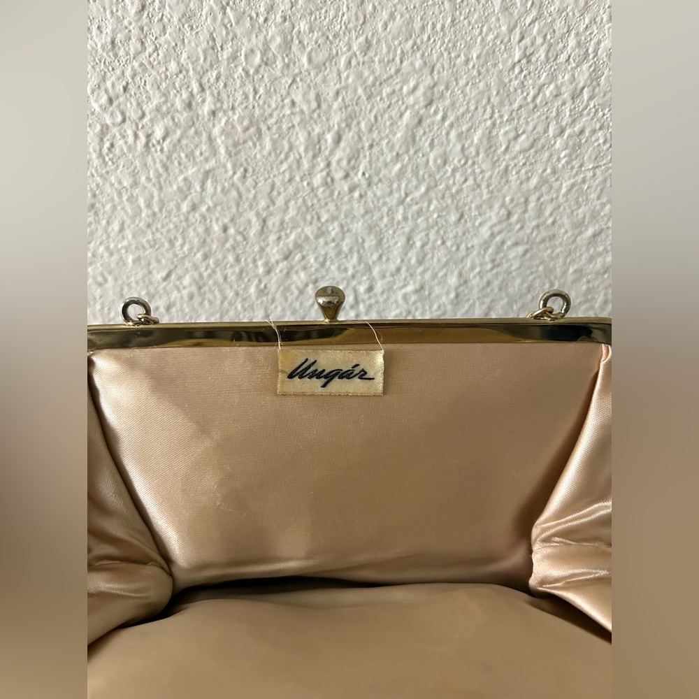 Vintage Unger Burgundy Satin Kiss Lock Clutch w/ Chain Strap - Picture 6 of 9